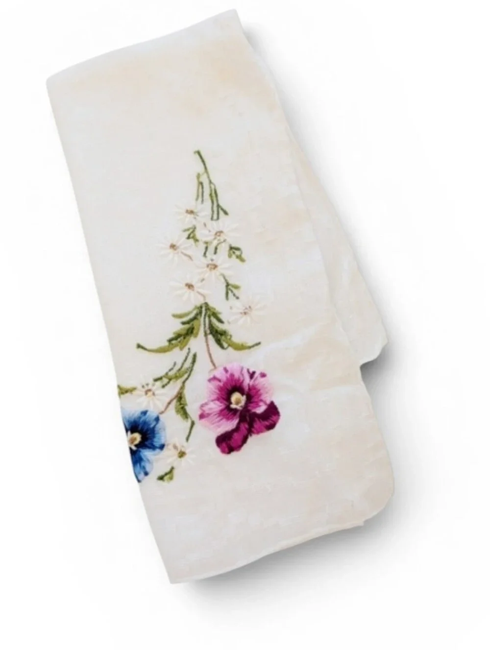 VINTAGE Hankerchief Embroidered Flowers Colorful 12x12 Cotton Pansies Violet